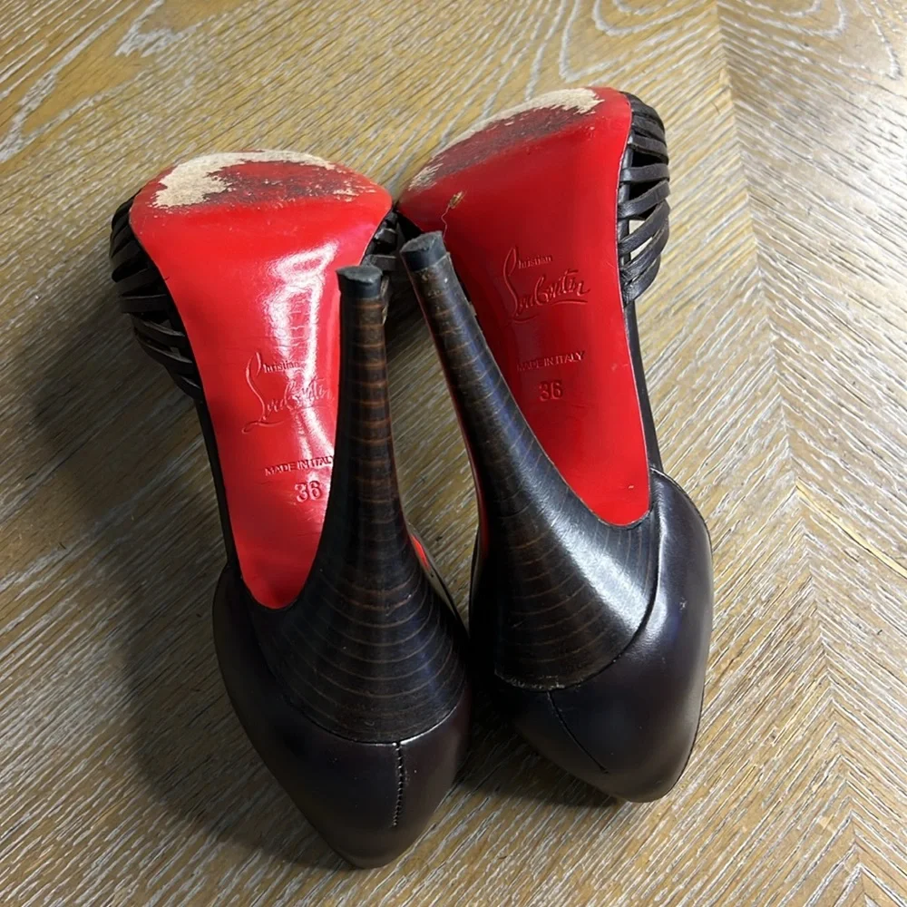 CHRISTIAN LOUBOUTIN Brown Leather Peep-Toe 4”  Heels 36 - Picture 10 of 13